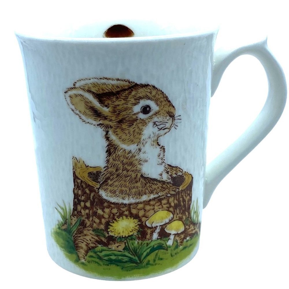 Vtg‎ Otagiri Japan Mushrooms Cottagecore Rabbit Tree Trunk Mug Cup Ivory Stone